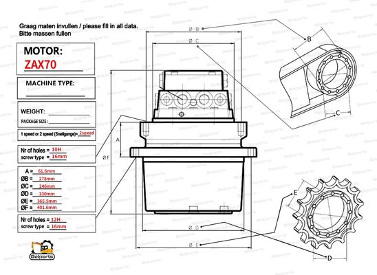 Motor de traslación para excavadora Hitachi EX60-2 ZX70 EX75 EX60-5 9069509